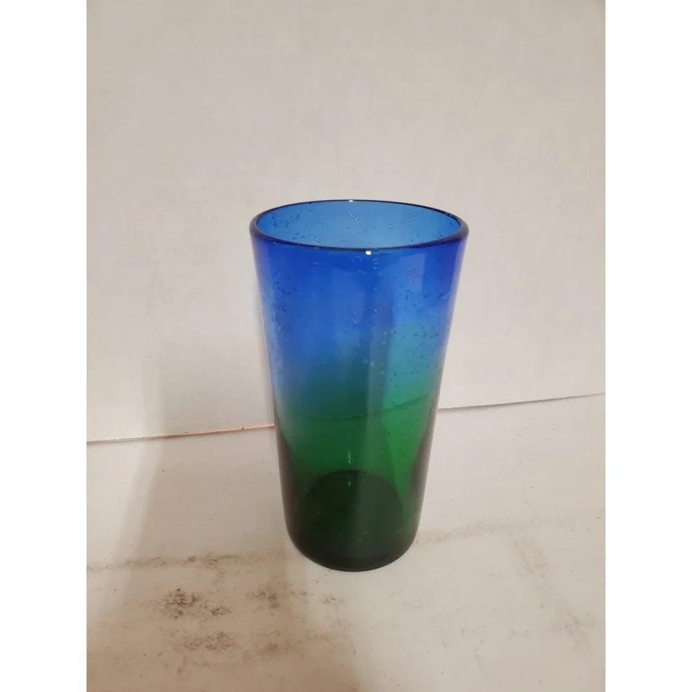 1 Hand Blown Drinking Glasses Blue To Green Gradient Ombre Mexican Bubble Glass